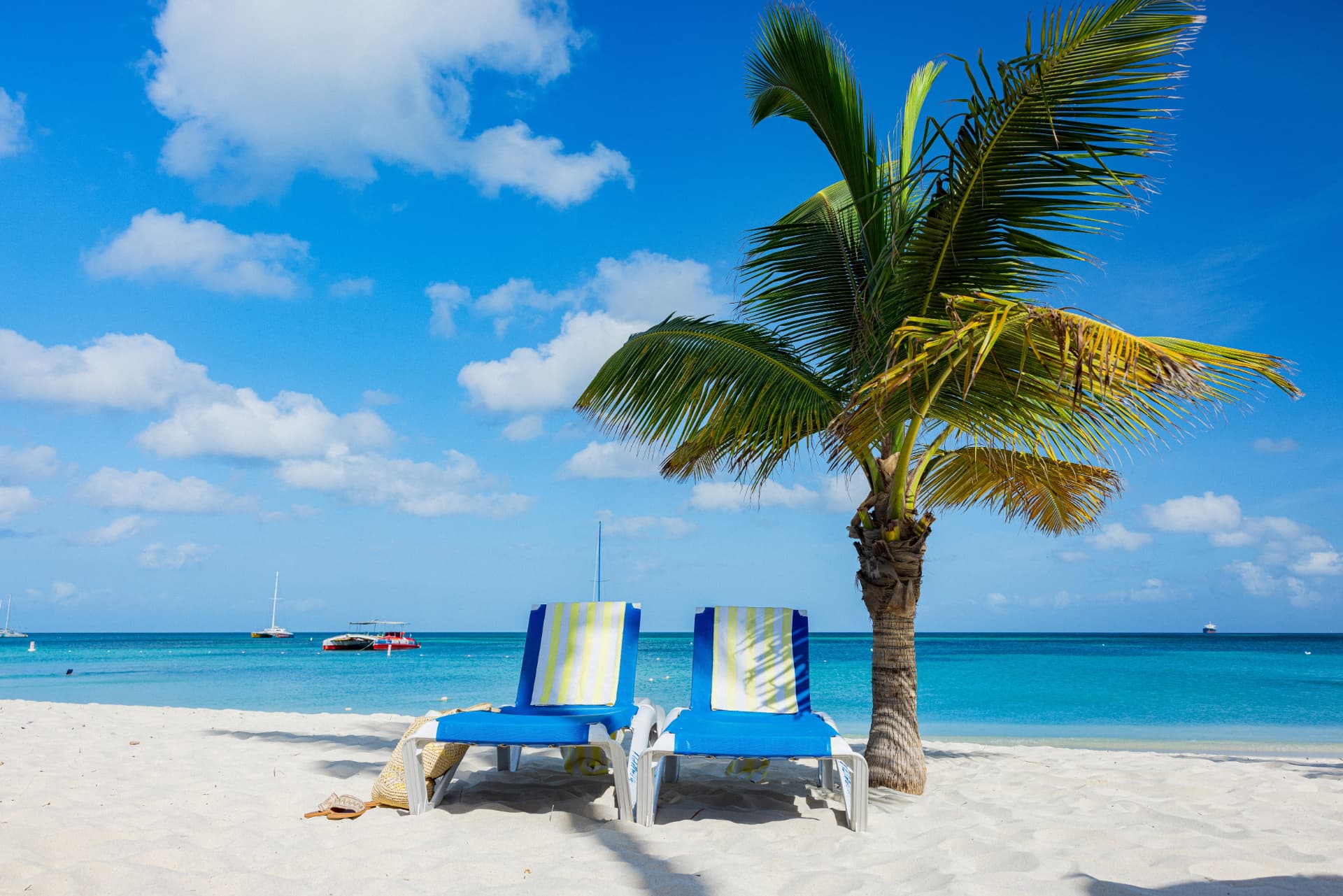 Two loungers under a palm tree on a white Caribbean beach